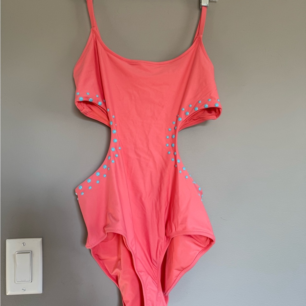 Aerie Coral One Piece Swimsuit with Blue Accents